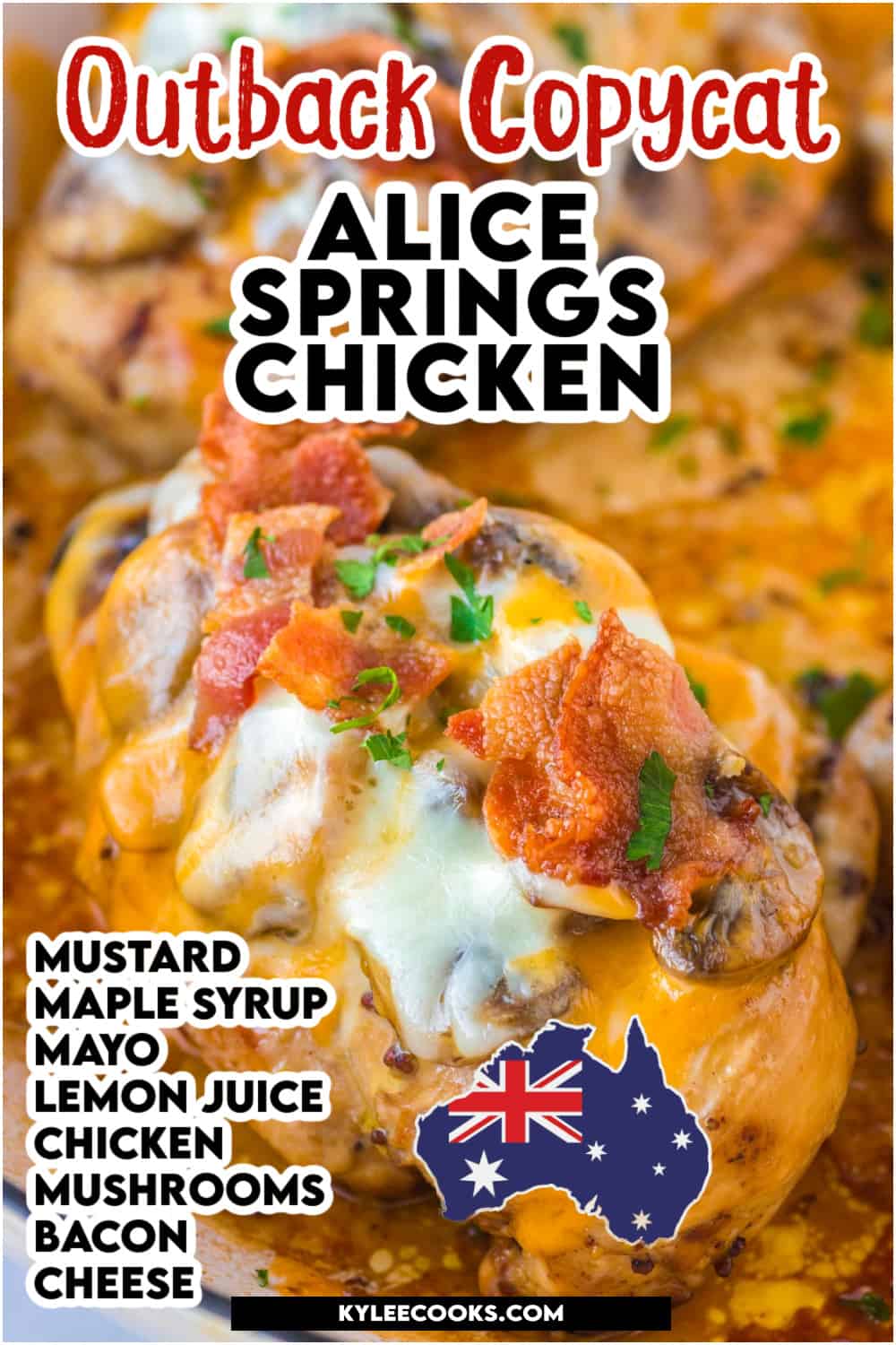 alice springs chicken in a skillet with recipe name and ingredients overlaid in text.