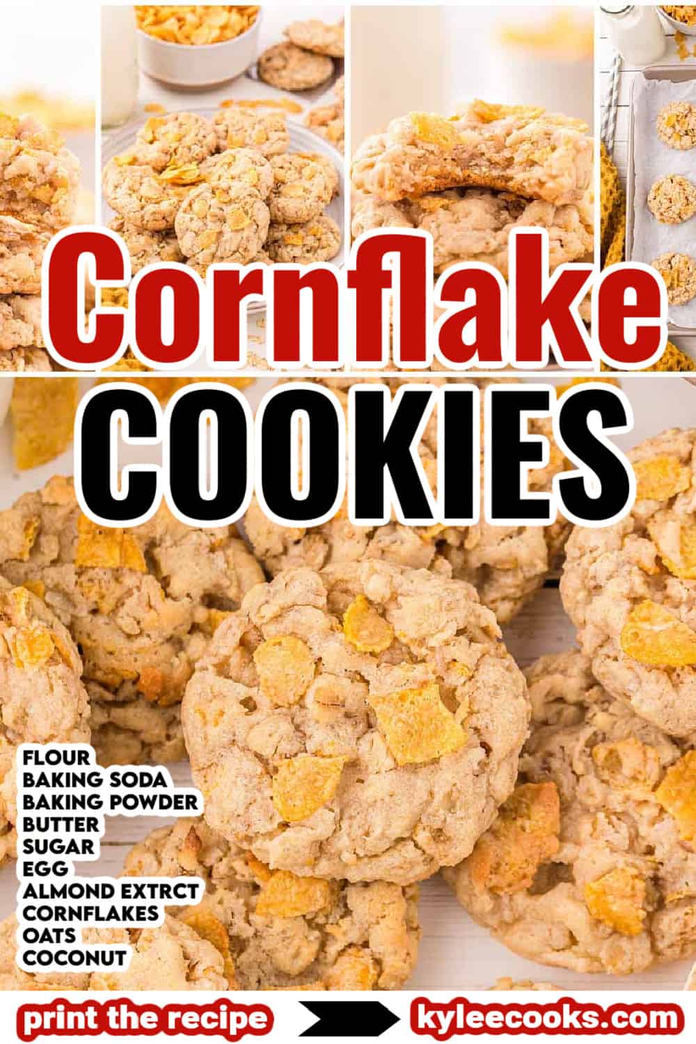 cornflake cookies in a collage with recipe name and ingredients overlaid in text.