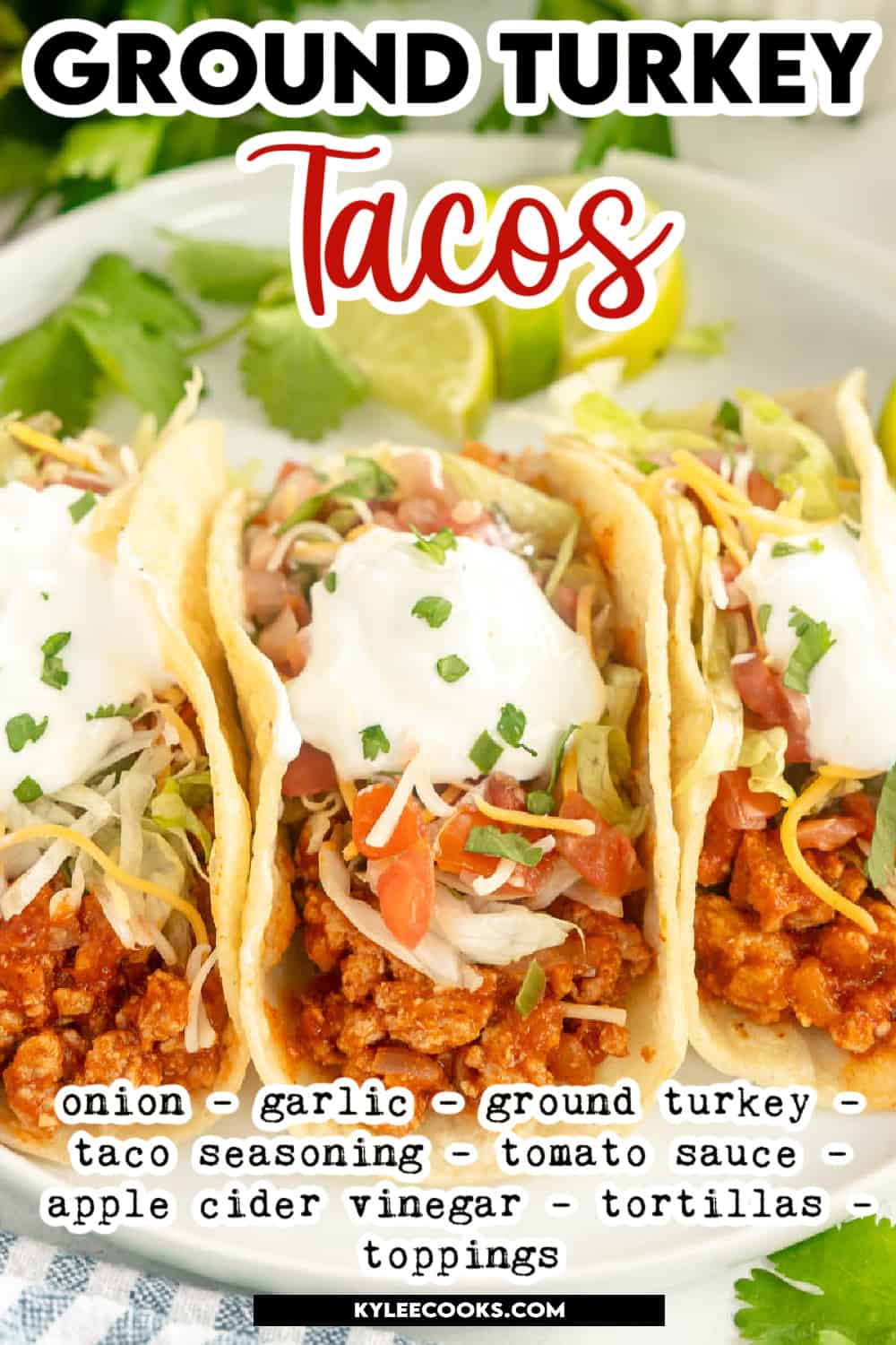 3 turkey tacos on a plate with recipe name and ingredients overlaid in text.