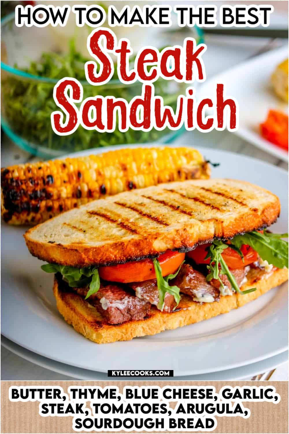 a steak sandwich with grilled bread on a white plate with recipe name and ingredients overlaid in text.