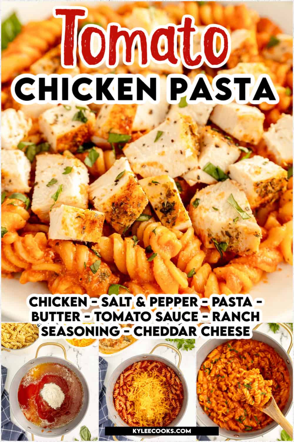 tomato chicken pasta in a bowl with recipe name and ingredients overlaid in text.