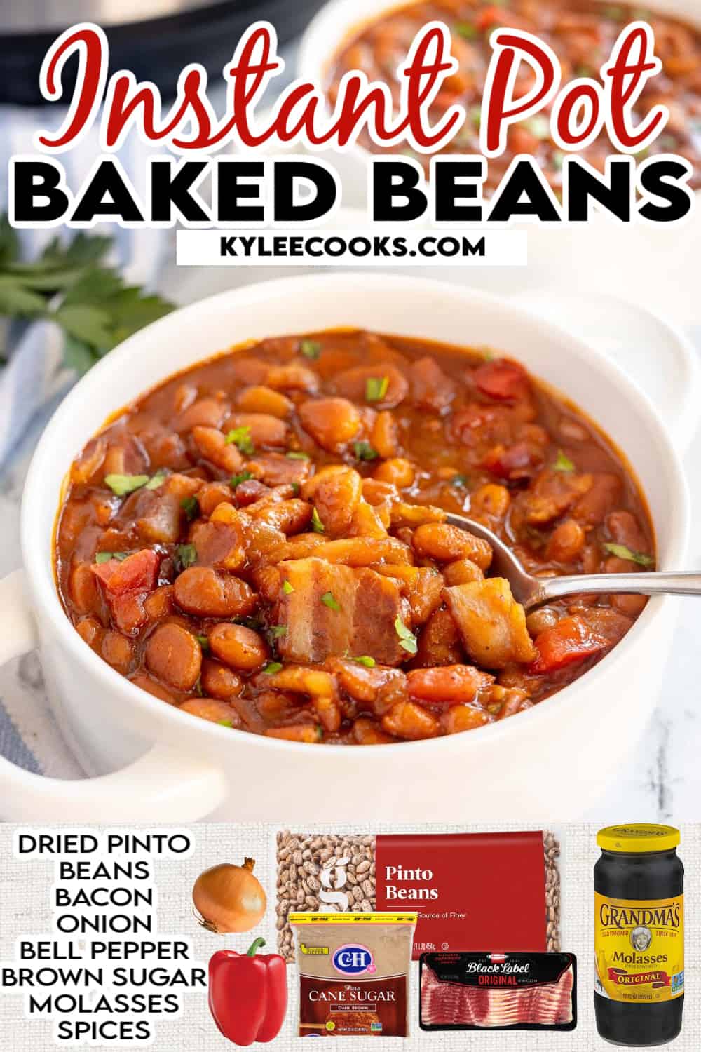 baked beans in a white bowl with a spoon.