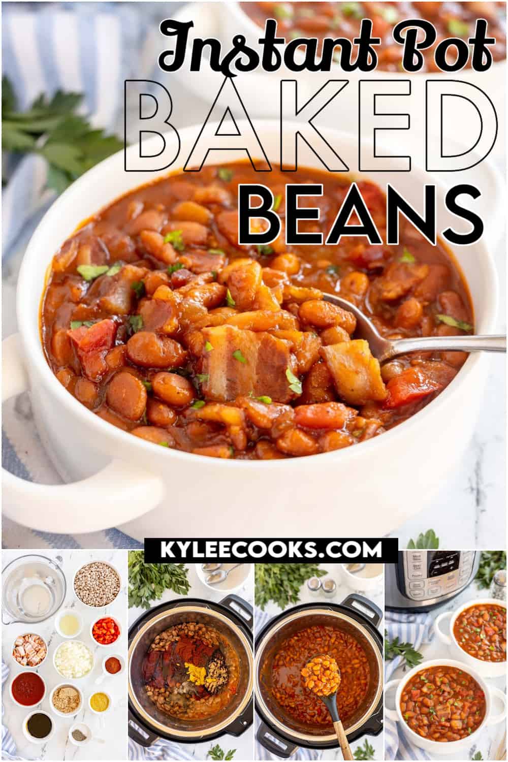 baked beans in a white bowl with a spoon.