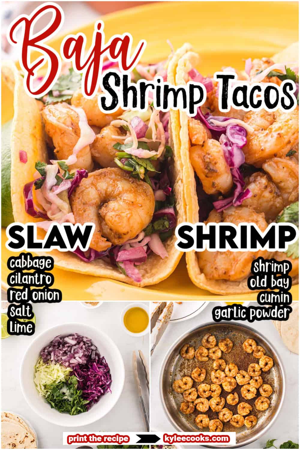 Baja shrimp tacos on a yellow plate with recipe name overlaid in text.