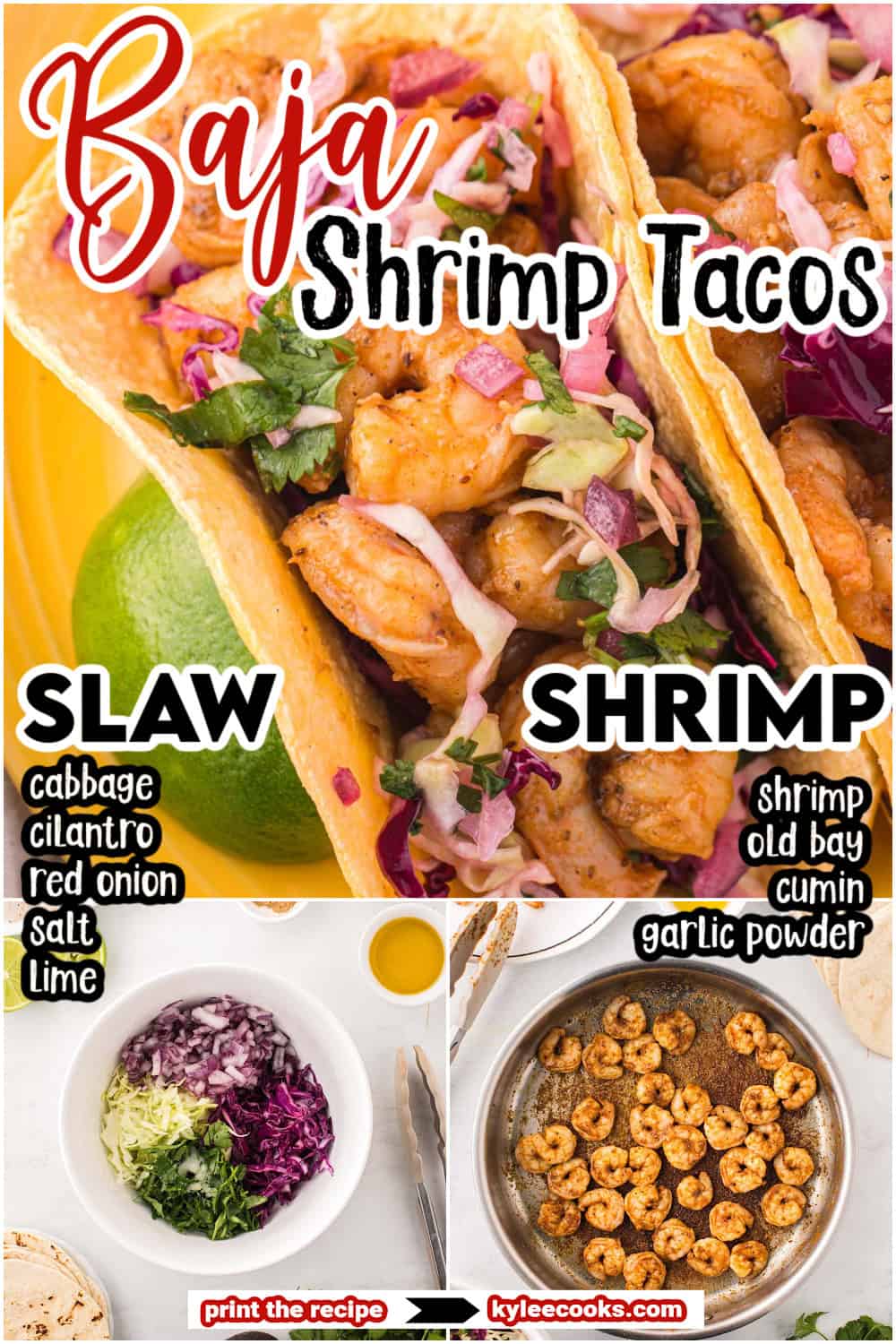 Baja shrimp tacos on a yellow plate with recipe name overlaid in text.