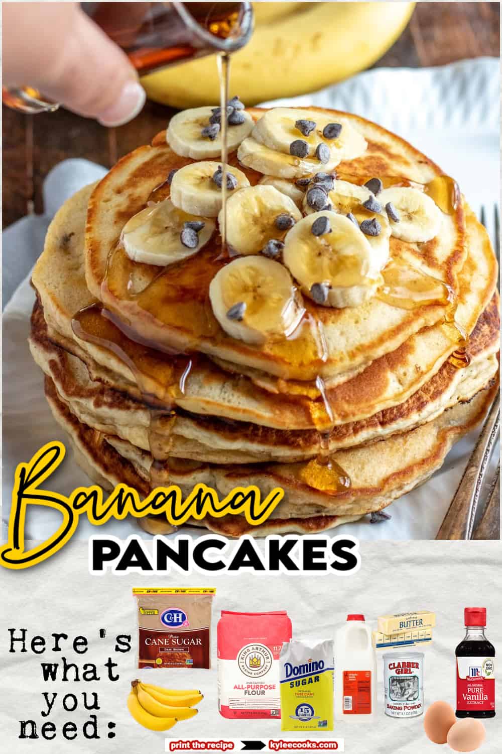 Banana pancakes on a plate with syrup being poured over, with ingredient images overlaid.