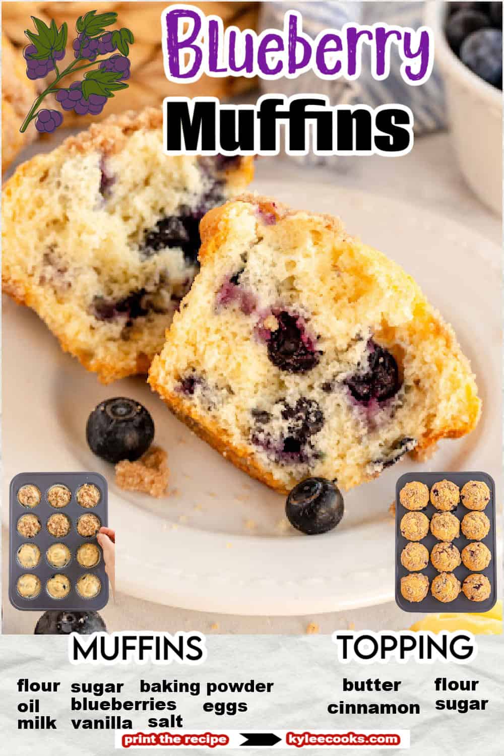 a cut open blueberry muffin with recipe name and ingredients overlaid in text.