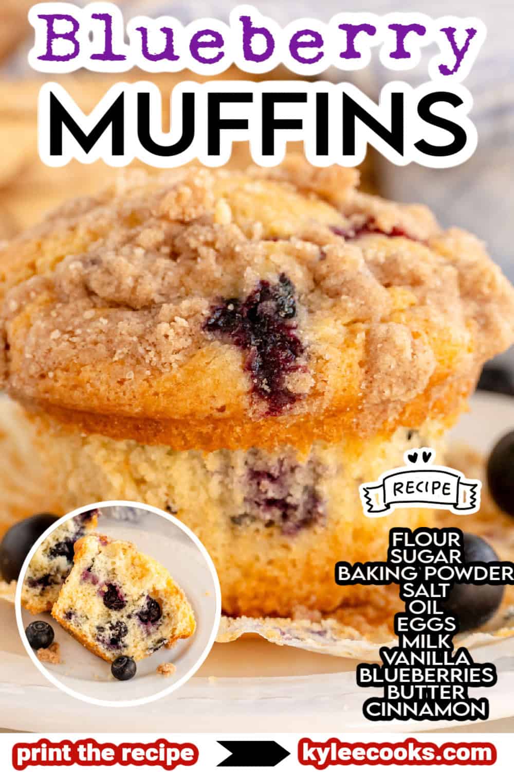 a blueberry muffin with recipe name and ingredients overlaid in text.