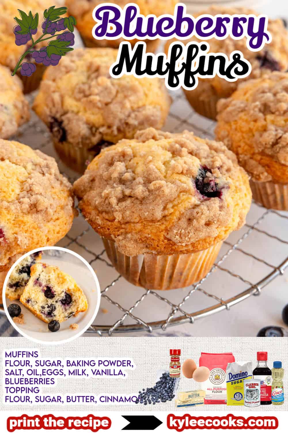 a blueberry muffin with recipe name and ingredients overlaid in text.