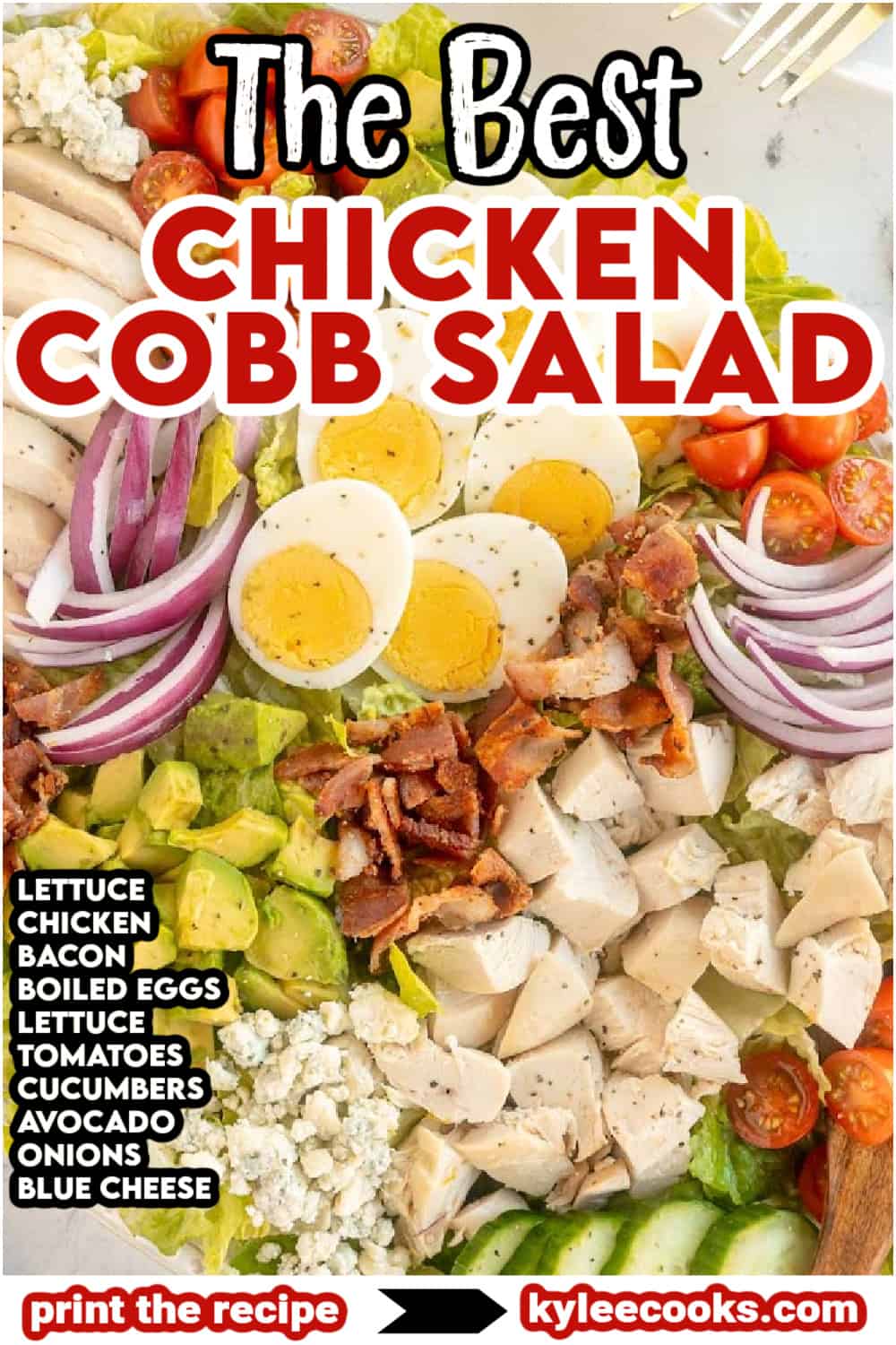 chicken cobb salad on a plate with recipe name and ingredients overlaid in text.