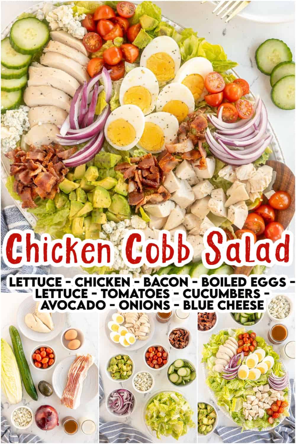 chicken cobb salad on a plate with recipe name and ingredients overlaid in text.