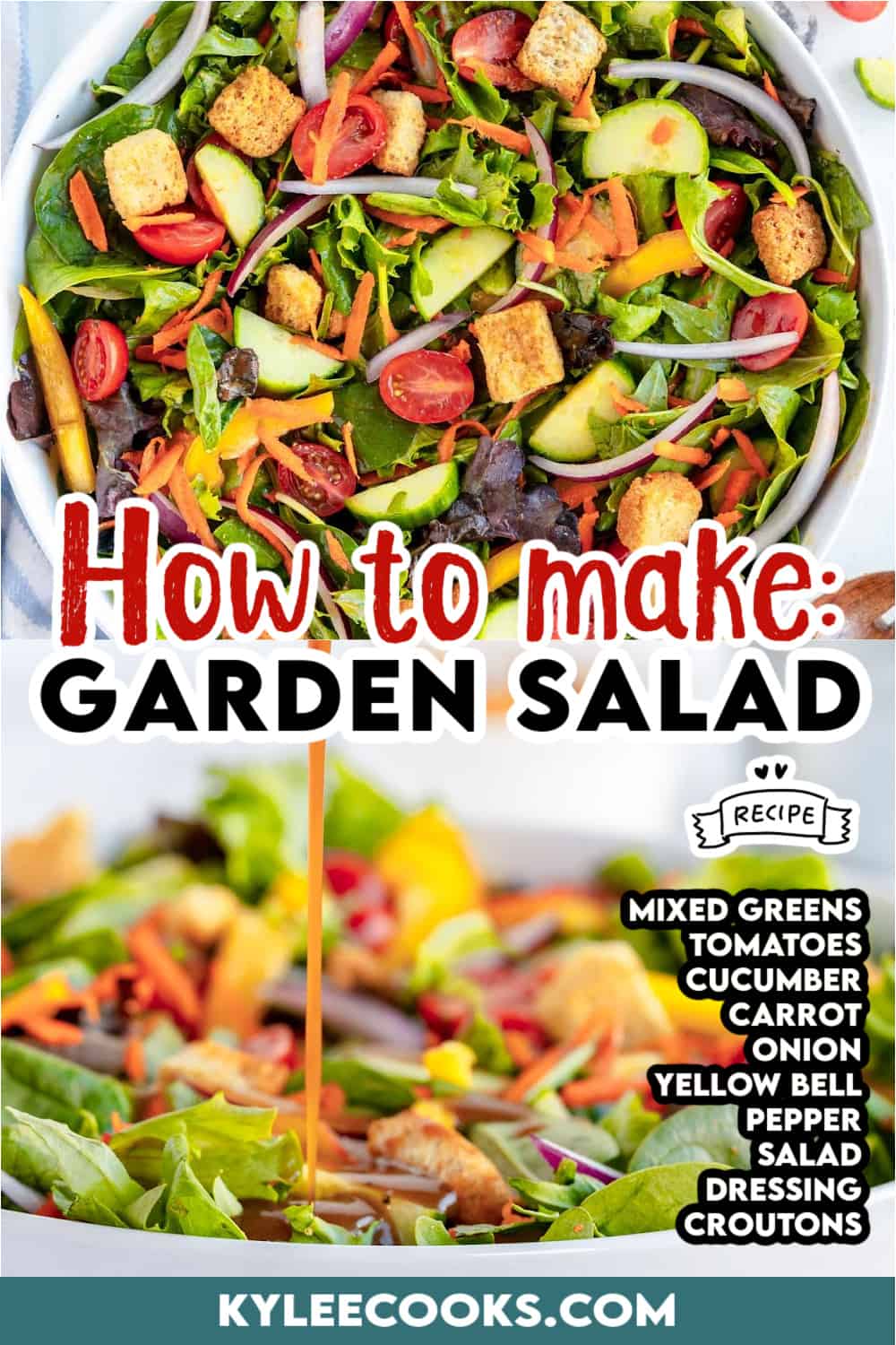 Garden salad with "how to make garden salad" overlaid in text.