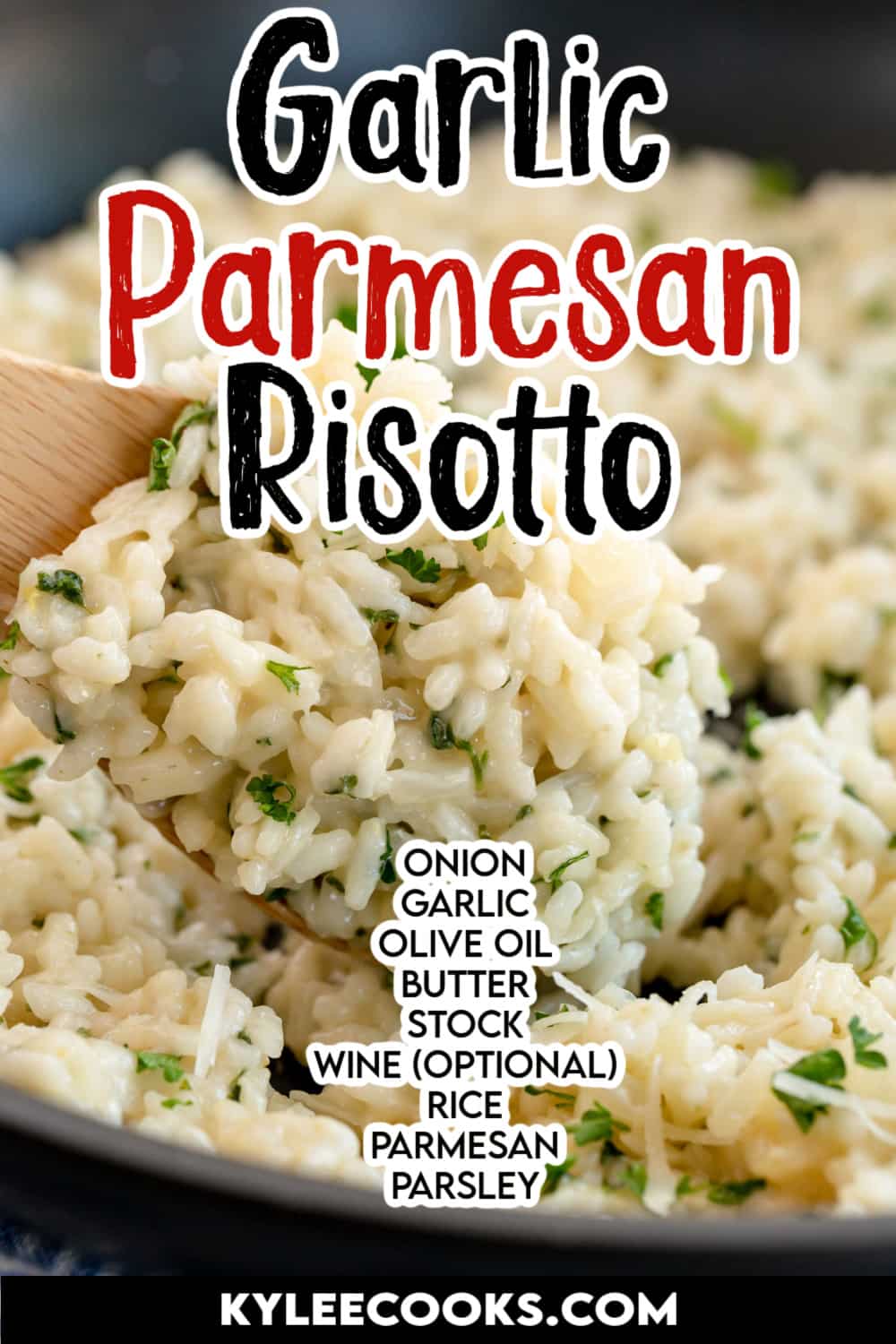 garlic parmesan risotto with recipe name and ingredients overlaid in text.