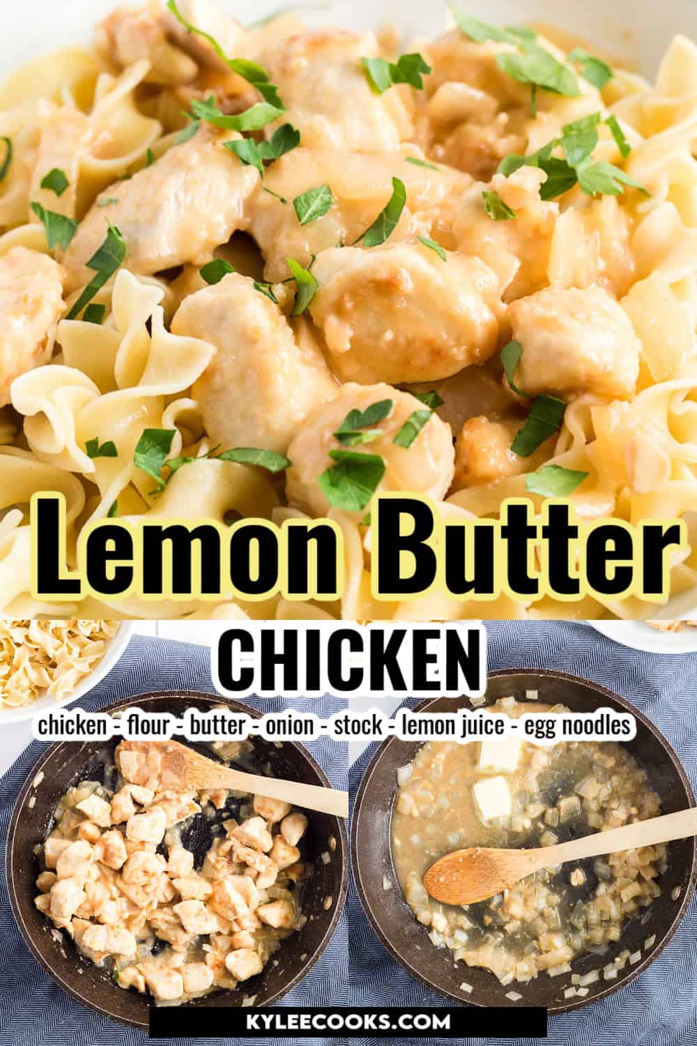 lemon butter chicken on a white plate with recipe name overlaid in text.