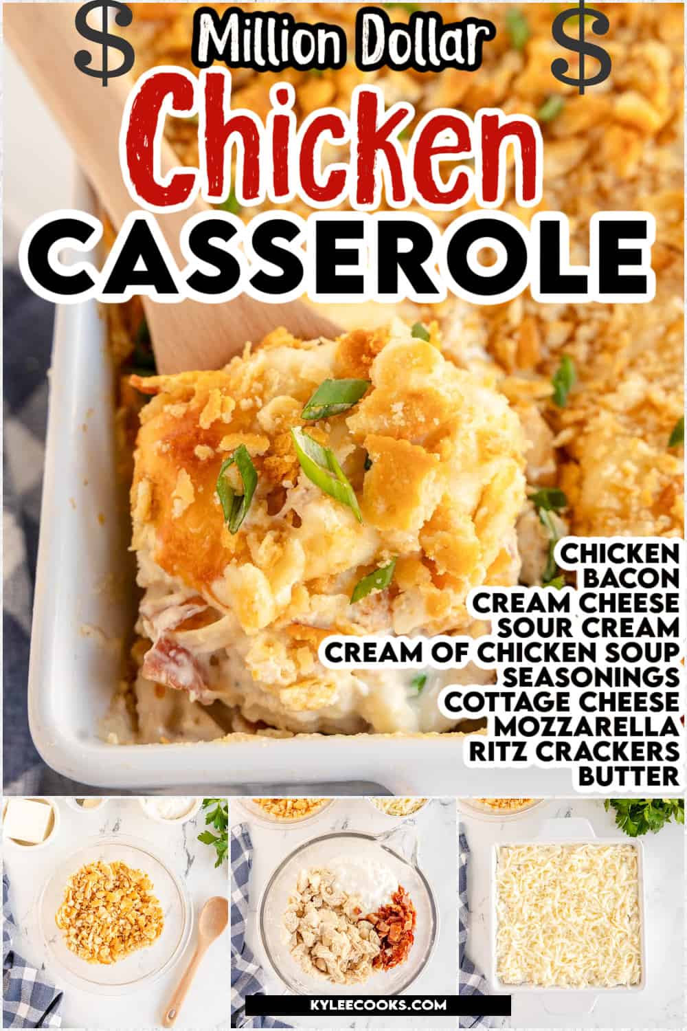 million dollar casserole on a spoon with recipe name overlaid in text.