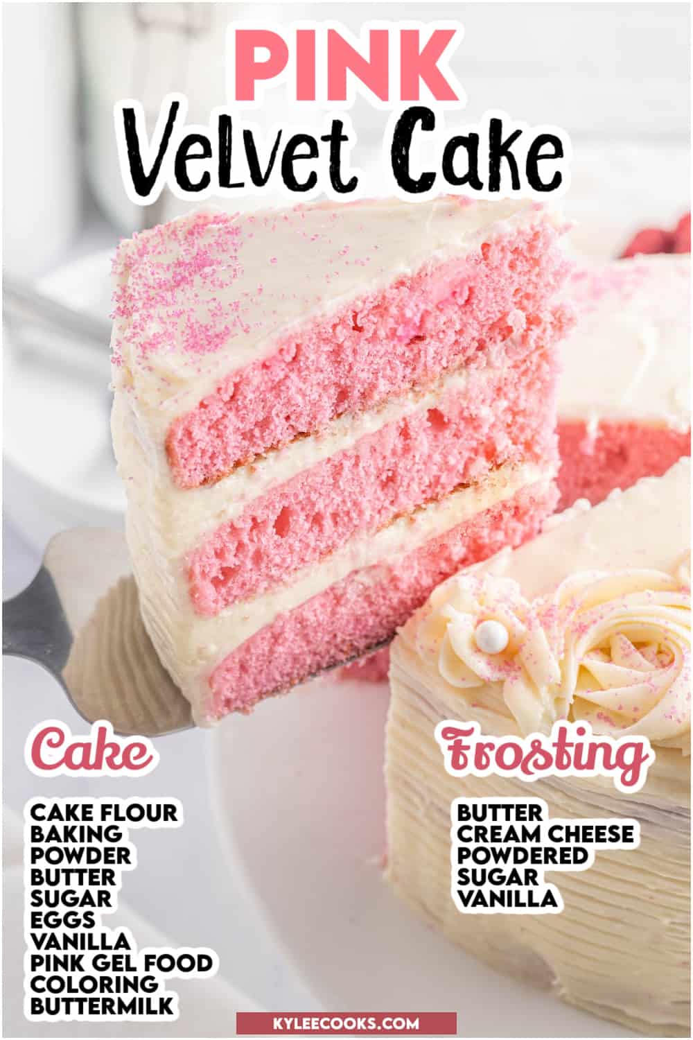 slice of pink velvet cake on a cake knife, with recipe name and ingredients overlaid in text.