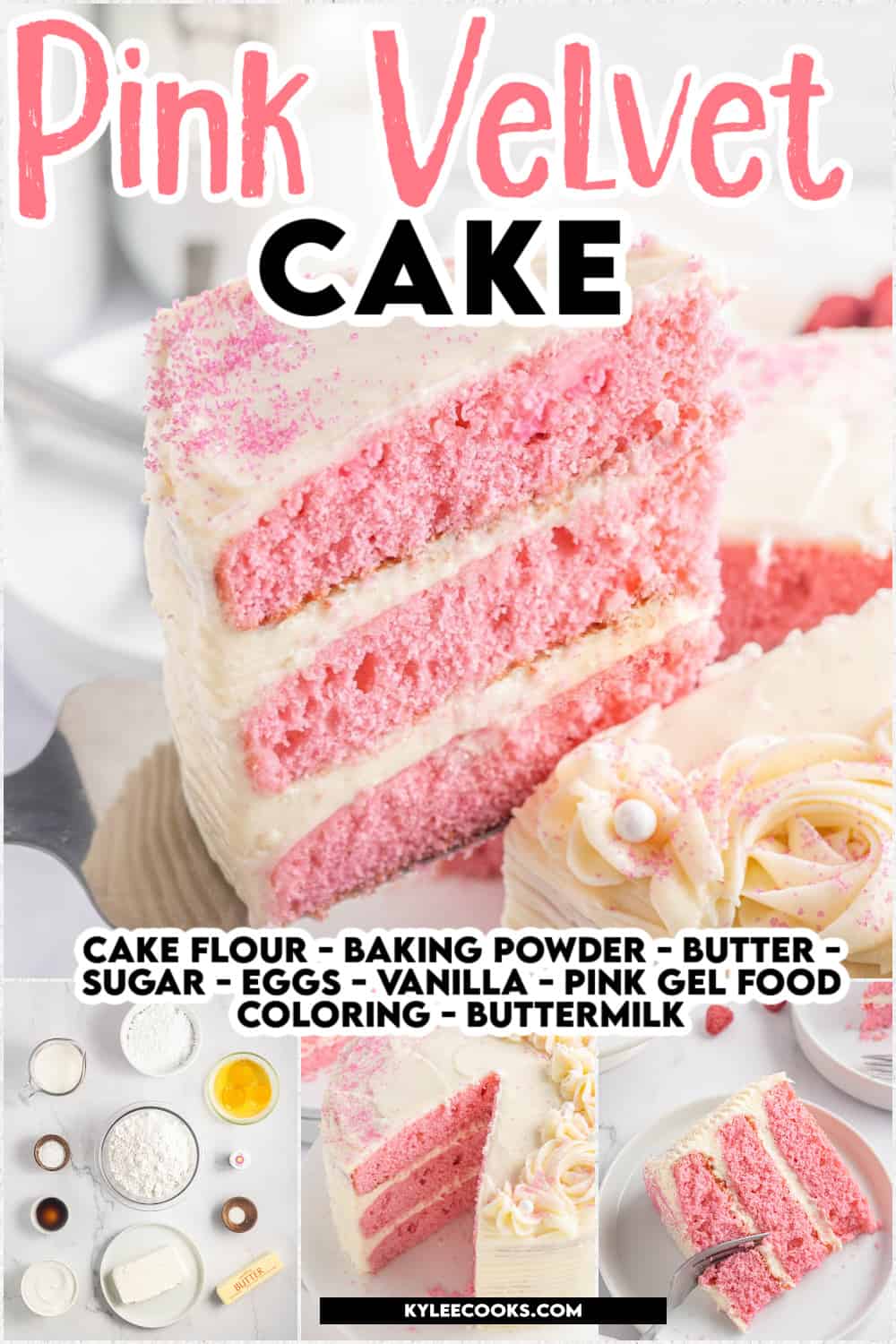 slice of pink velvet cake on a cake knife, with recipe name and ingredients overlaid in text.