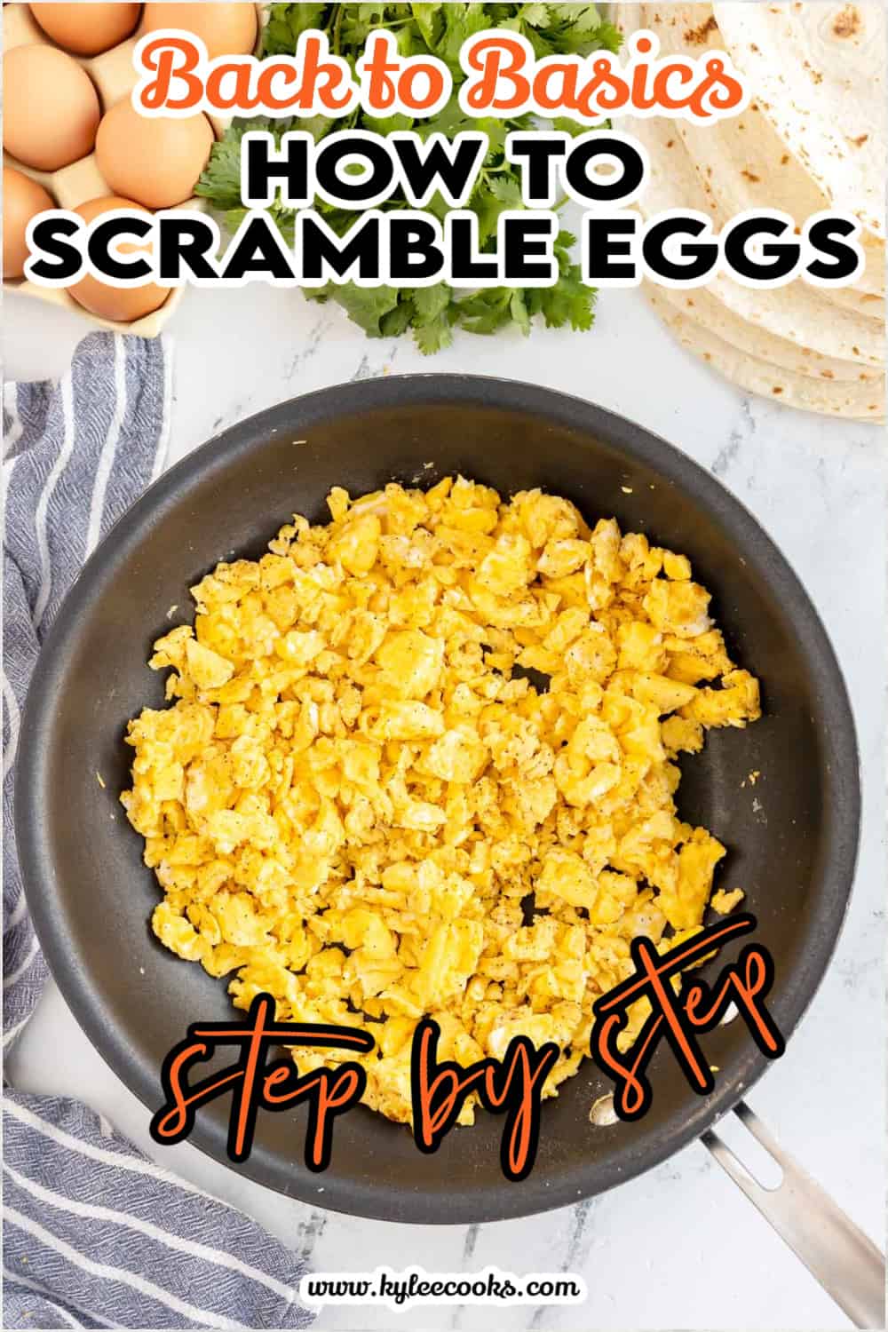 skillet with scrambled eggs in it with text overlaid.