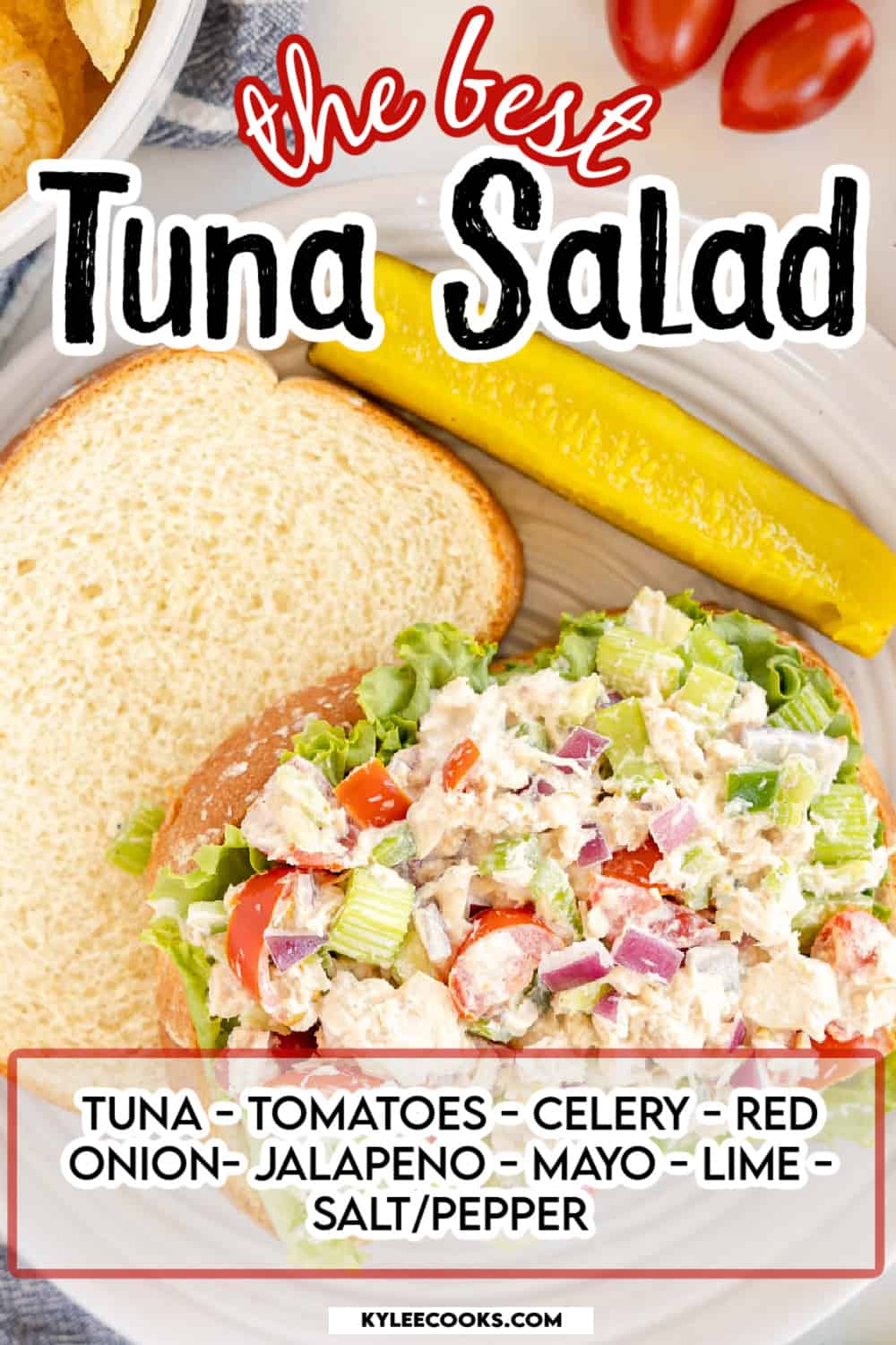 tuna salad on white bread with recipe name and ingredients overlaid in text.