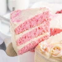 slice of pink velvet cake on a cake knife.