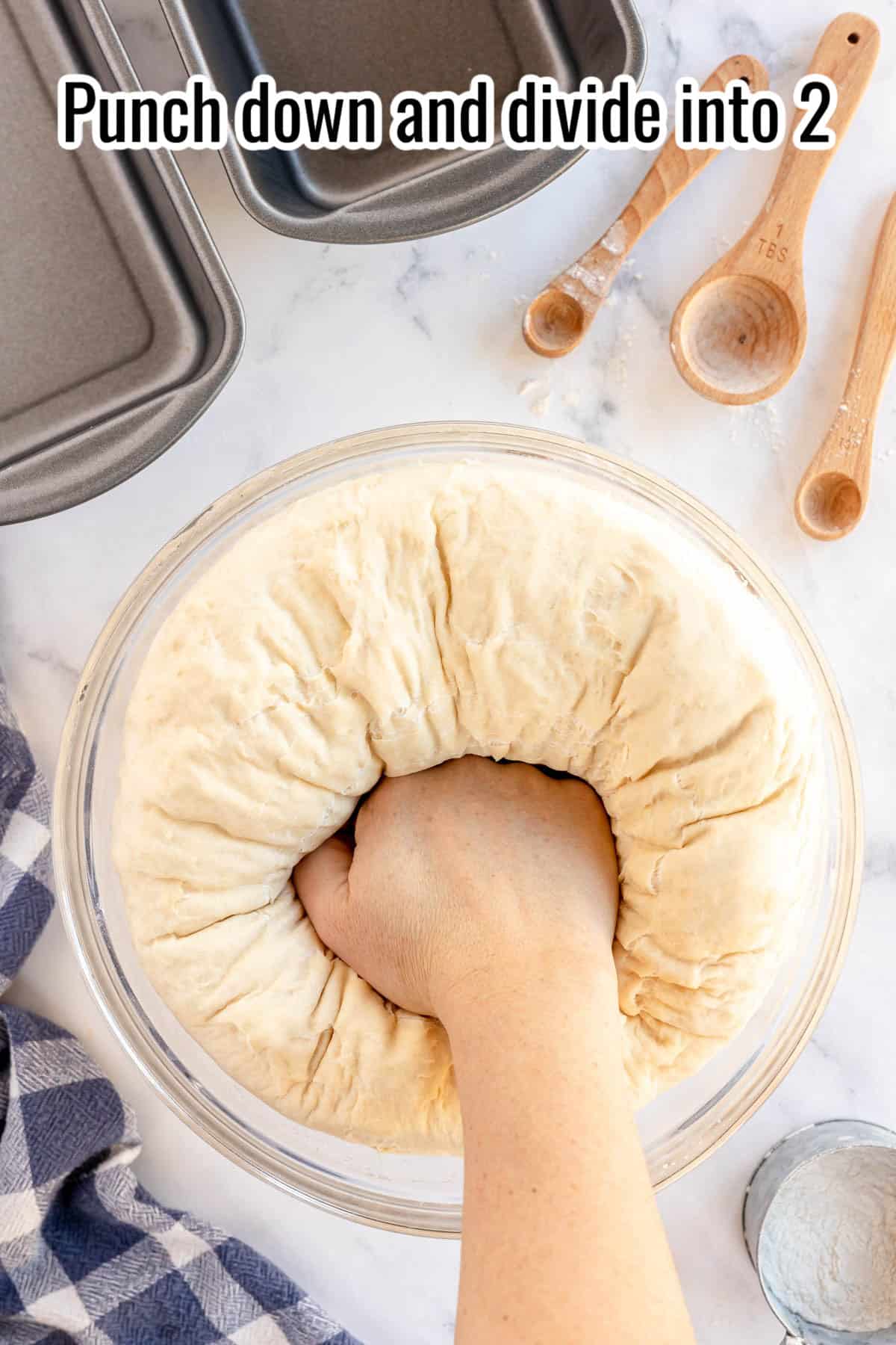 A hand is punching down dough in a clear bowl on a marble surface with a text overlay saying "Punch down and divide into 2."