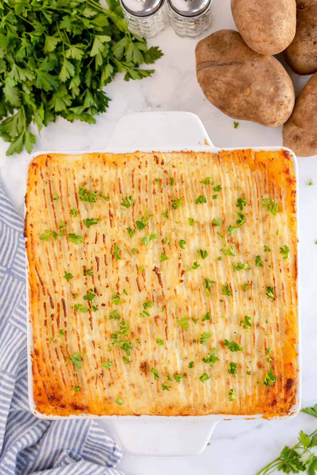 shepherd's pie in a white baking dish