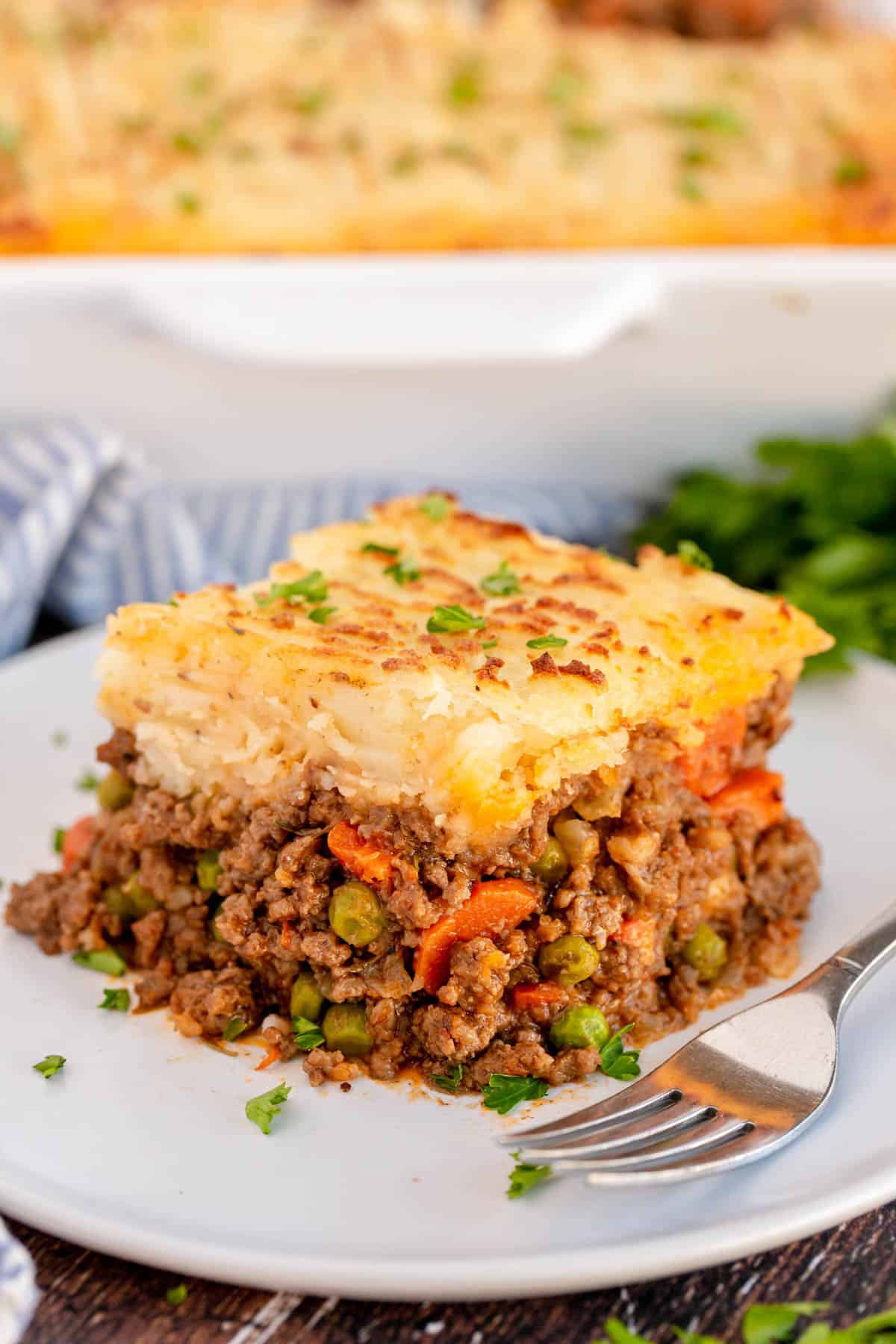 slice of shepherd's pie on a white plate