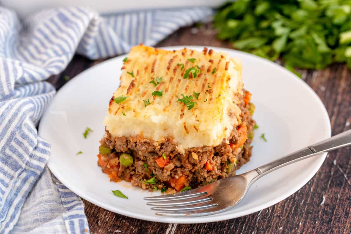 slice of shepherd's pie on a white plate