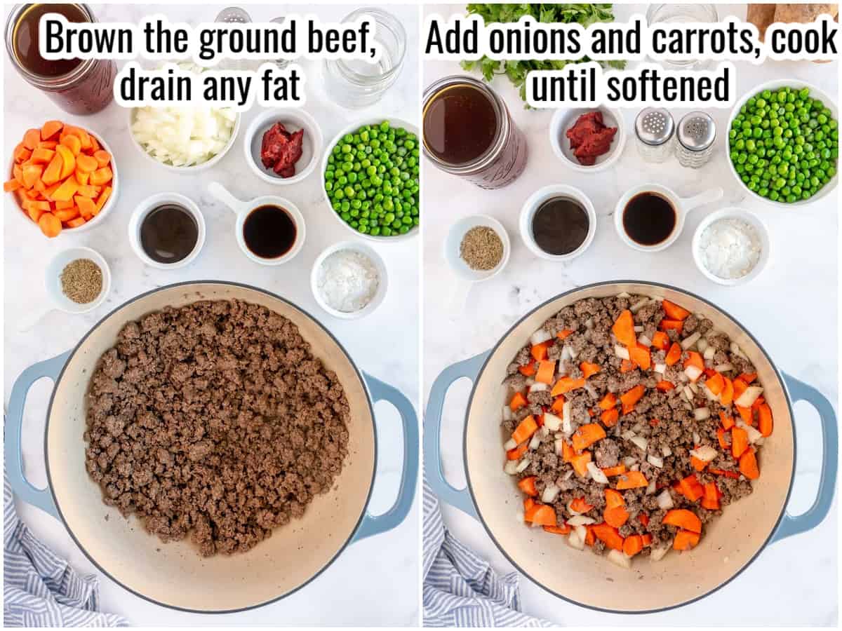 step by step photos showing making filling for cottage pie