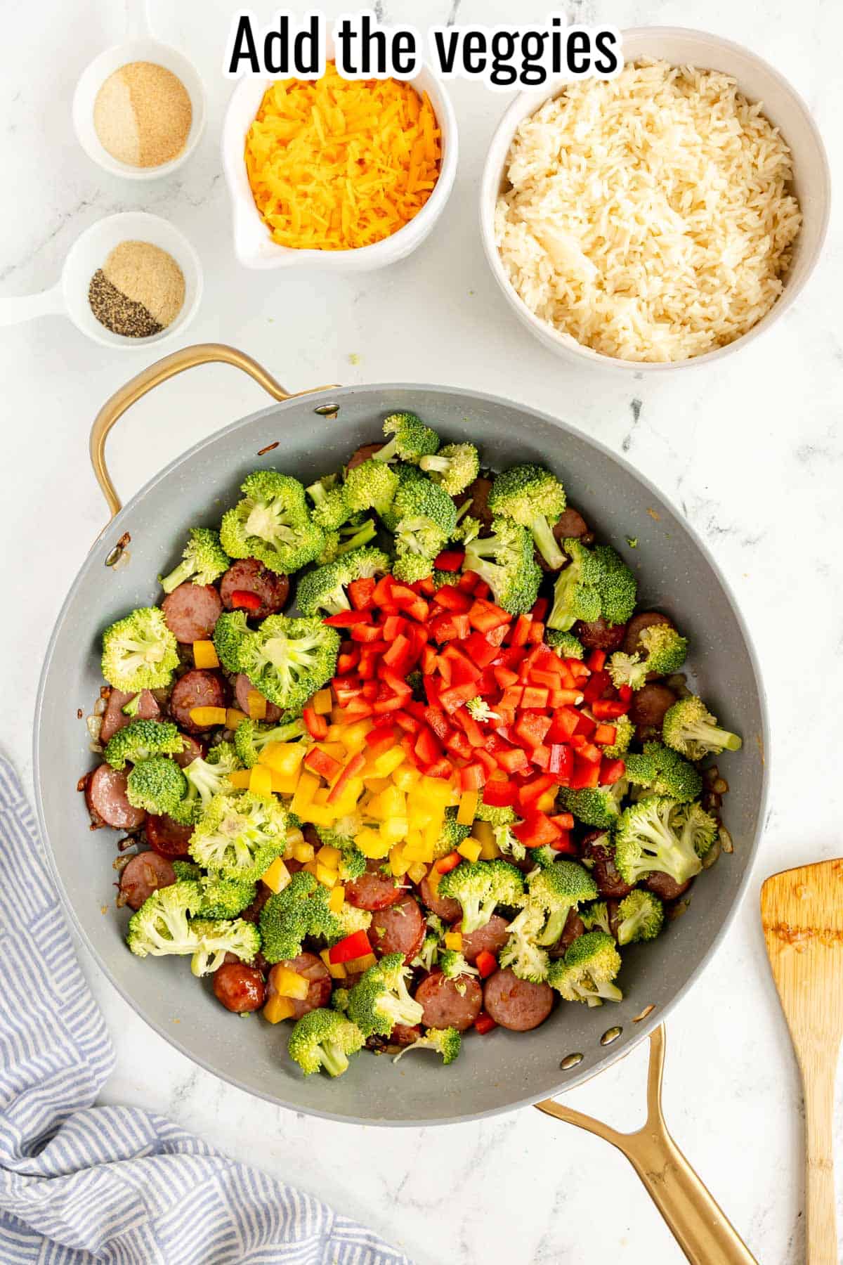 broccoli and bell peppers in a skillet.