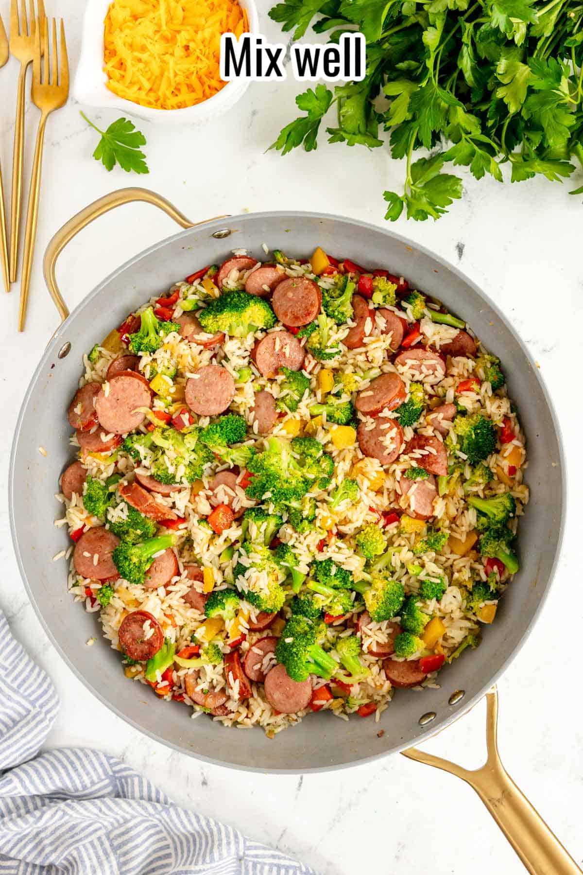 sausage and rice skillet, mixed up.