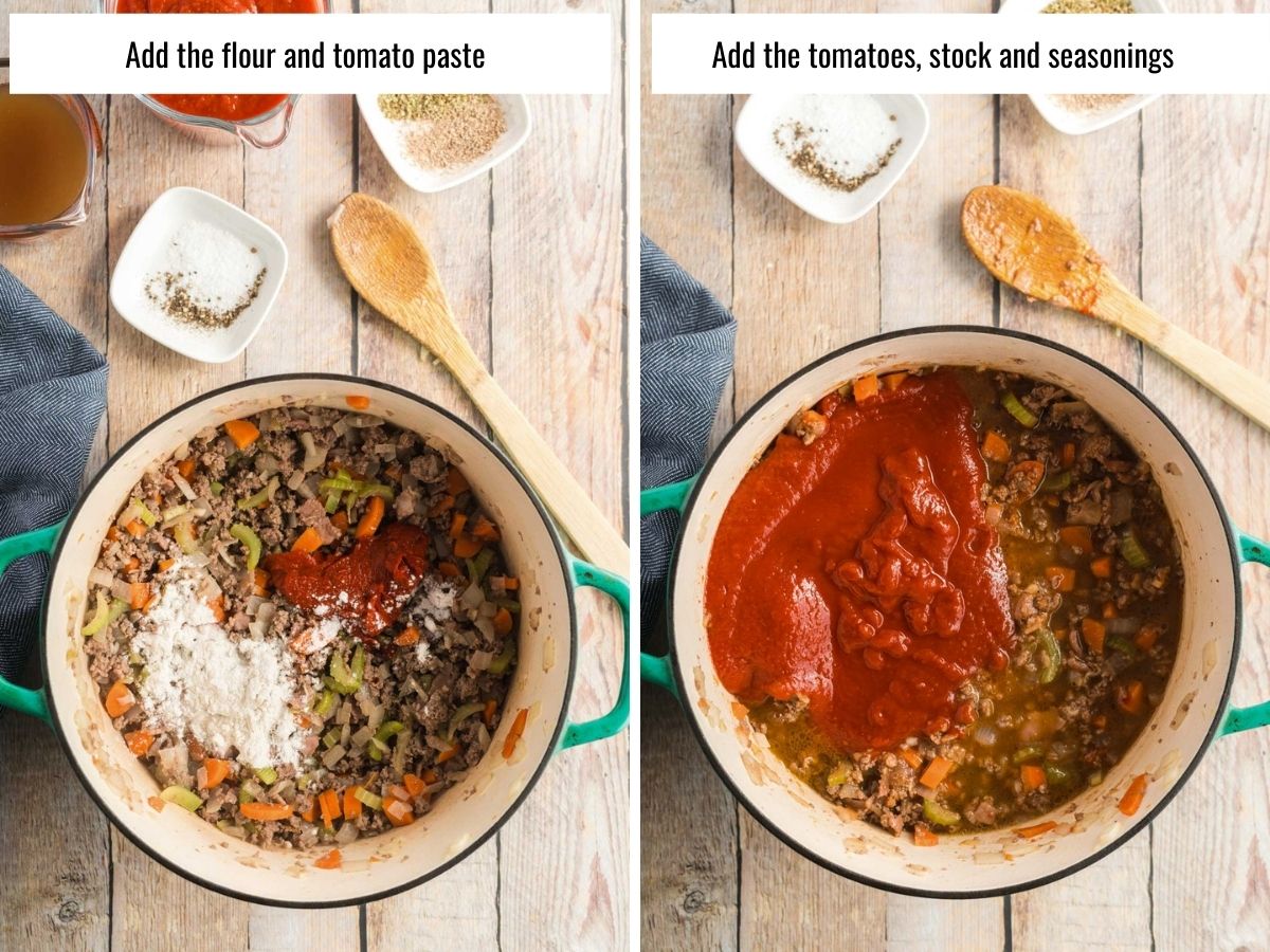 collage of adding tomato paste and tomato sauce to a dutch oven.