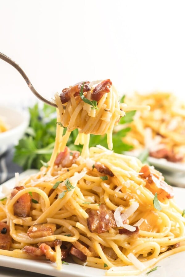 spaghetti carbonara twirled around a fork