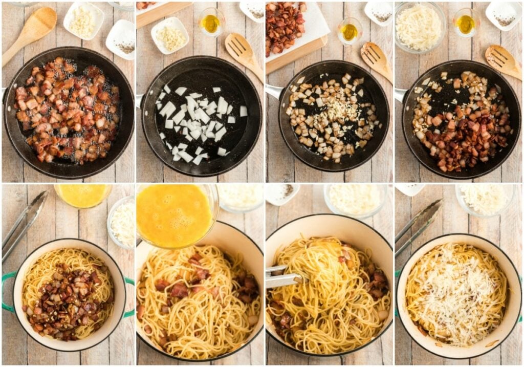 collage showing how to make spaghetti carbonara