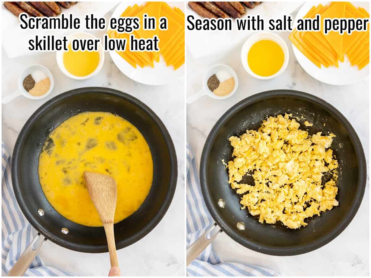 2 pictures showing the process for scrambling eggs.