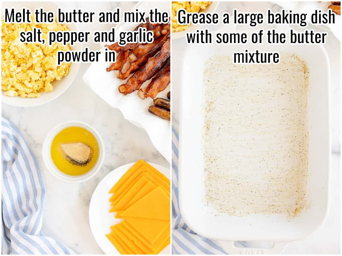 collage of images showing making the butter mixture and brushing it on a baking dish.