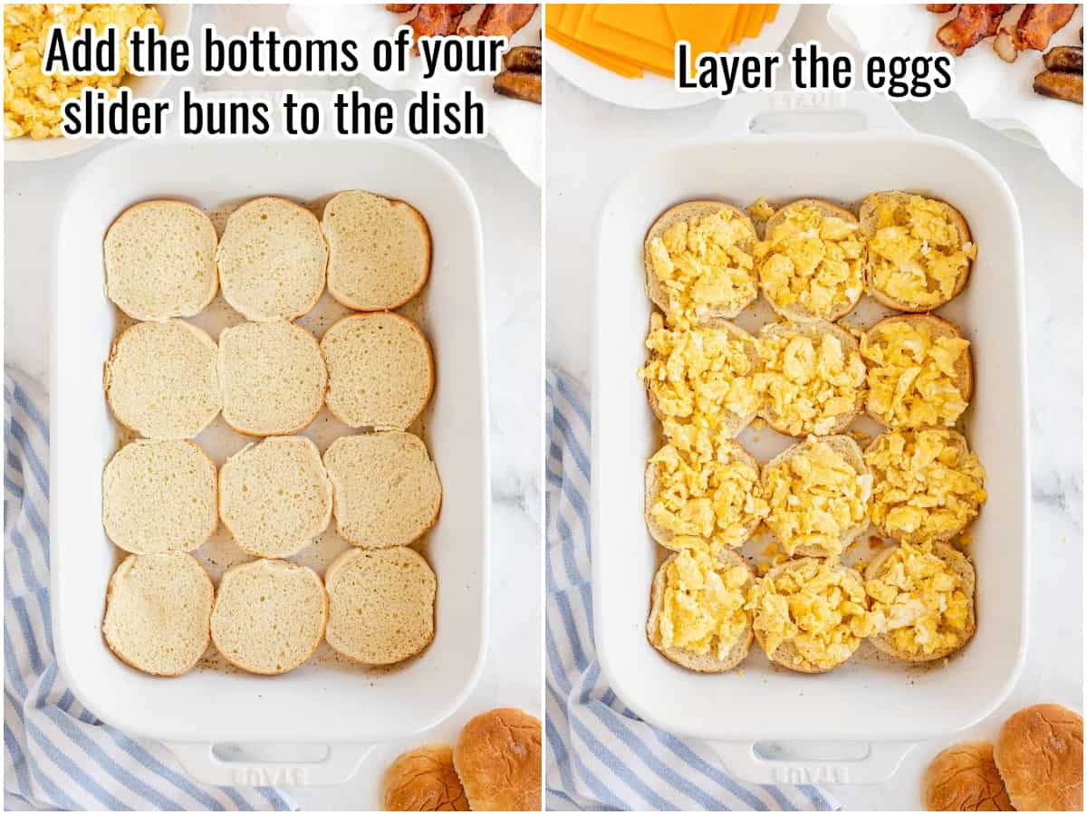 2 images showing slider buns with and without scrambled eggs.