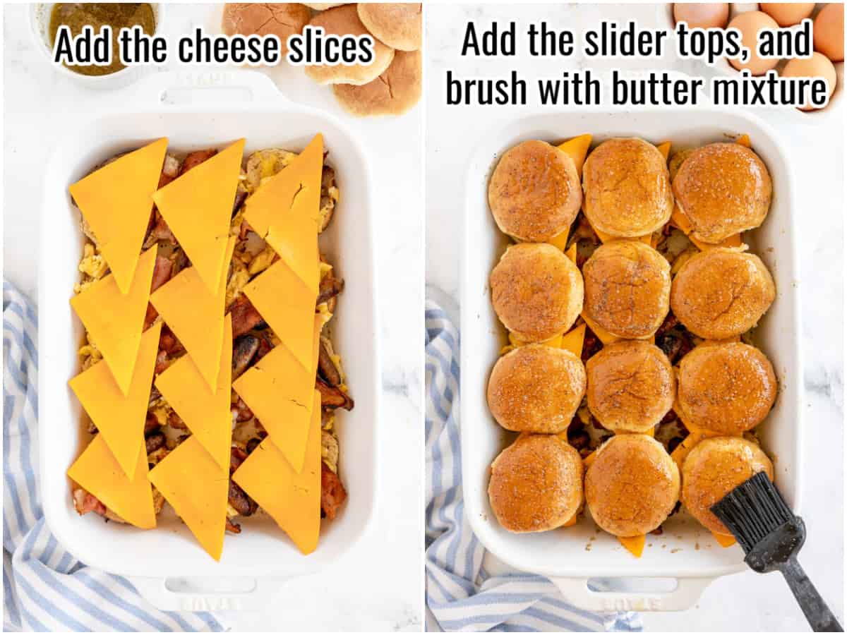 2 images showing adding cheese and the tops of slider buns, and a pastry brush adding butter.