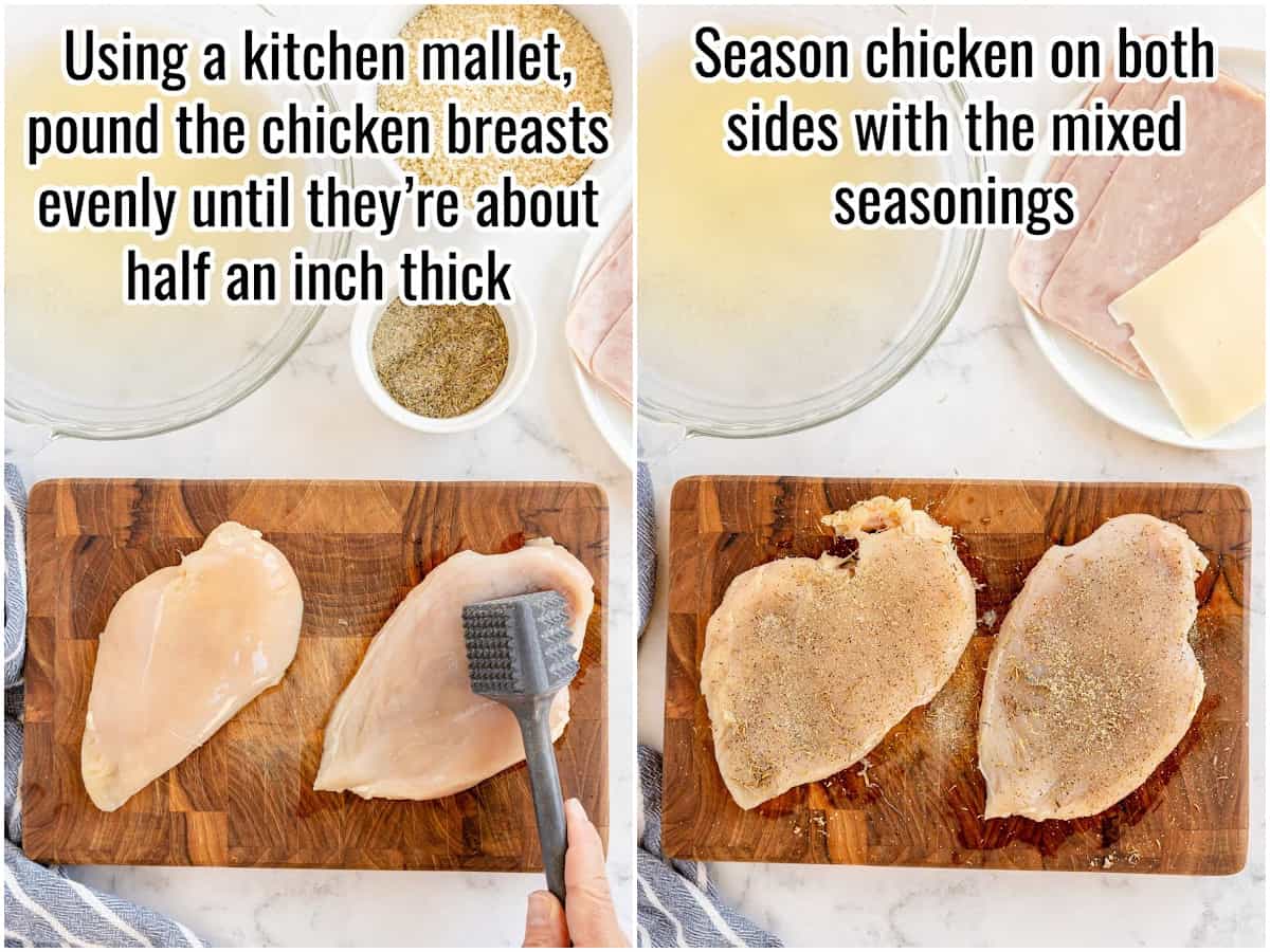 process for making chicken cordon bleu. pounding chicken into cutlets, and seasoning.