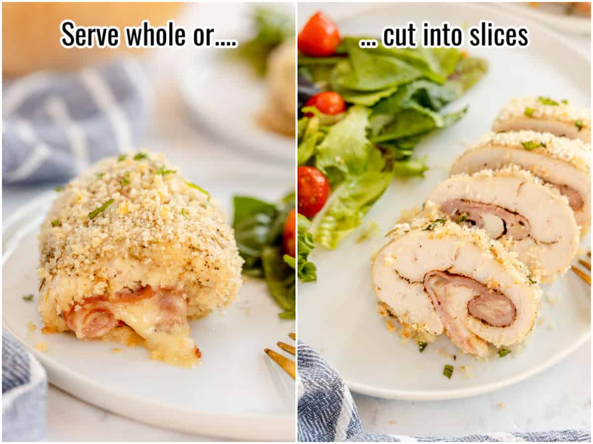 process for making chicken cordon bleu.  Serving.