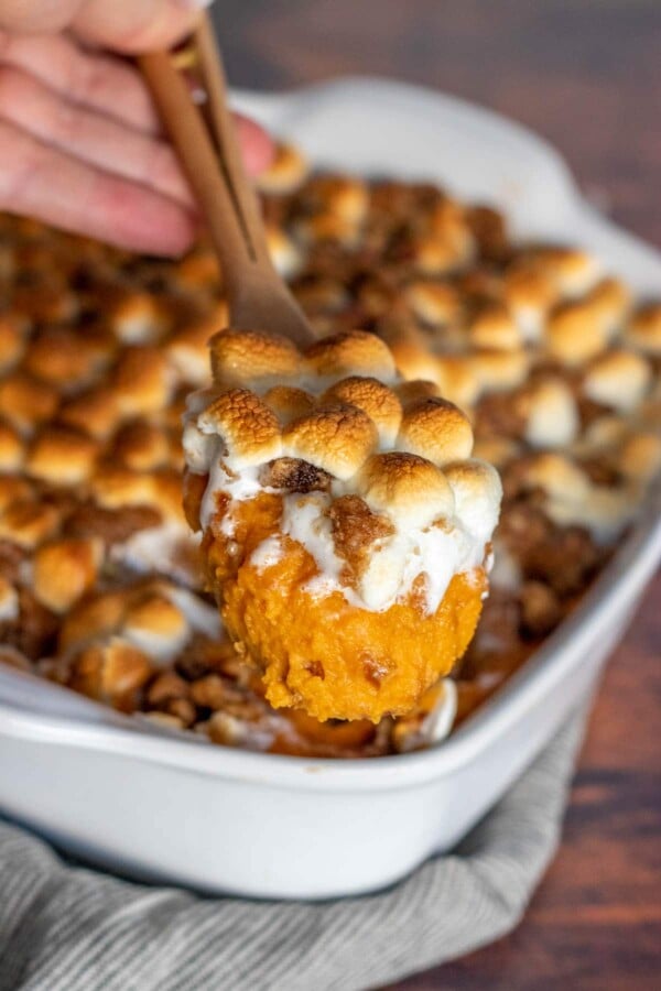 Sweet potato casserole on a spoon