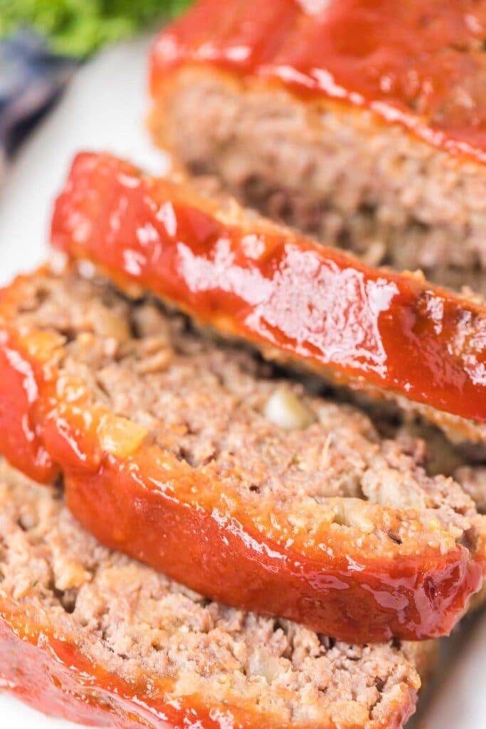 meatloaf slices on a white plate