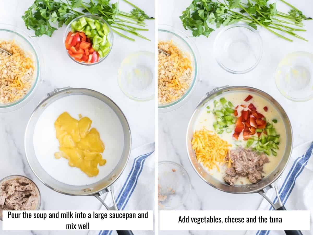 collage showing steps to make tuna noodle casserole